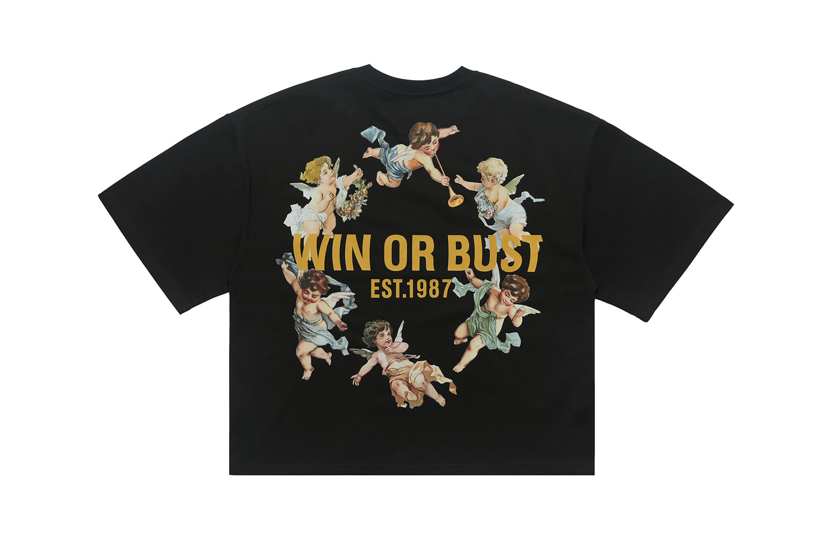 Angels print t-shirt vintage cartoon top retro pattern tee in black