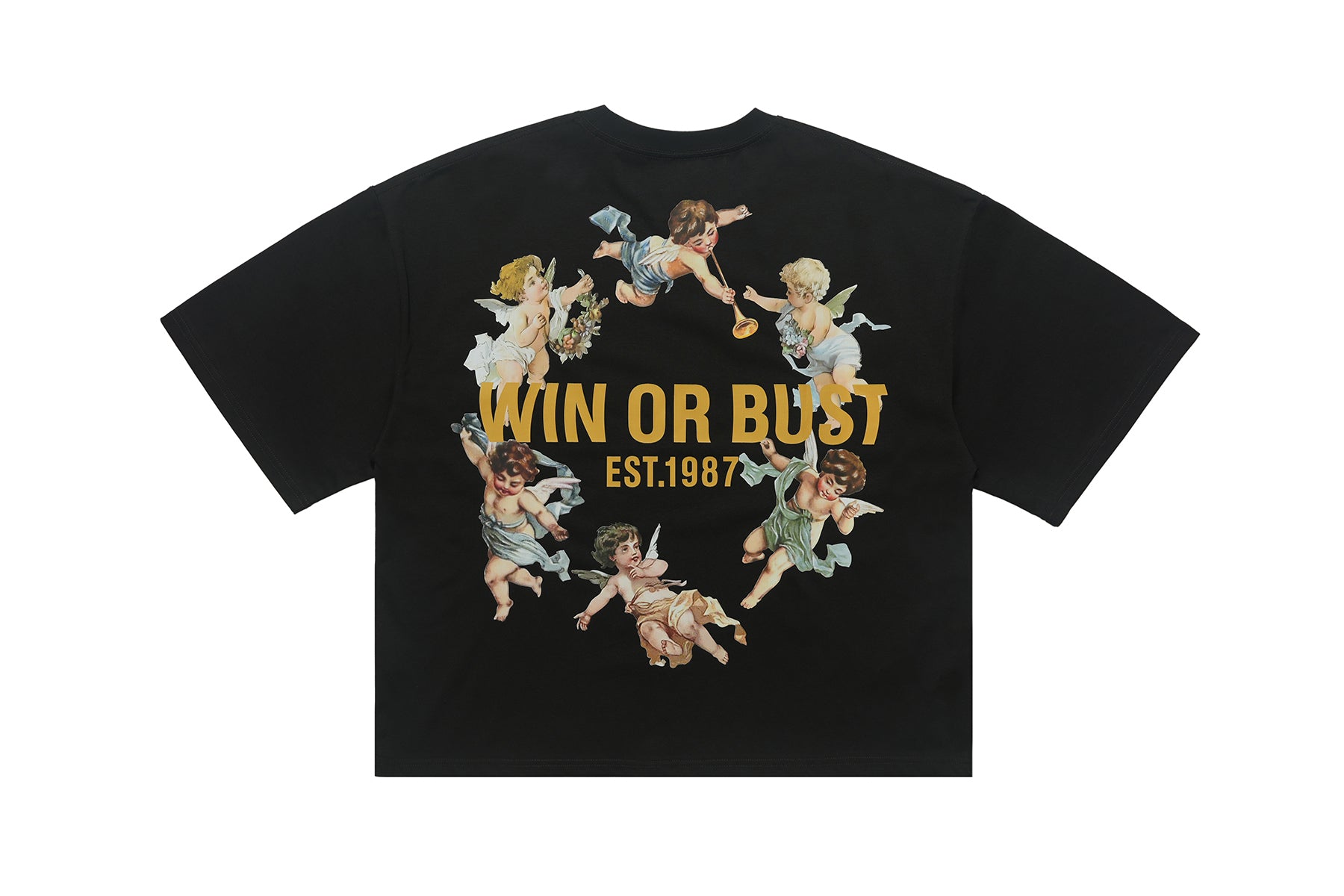 Angels print t-shirt vintage cartoon top retro pattern tee in black