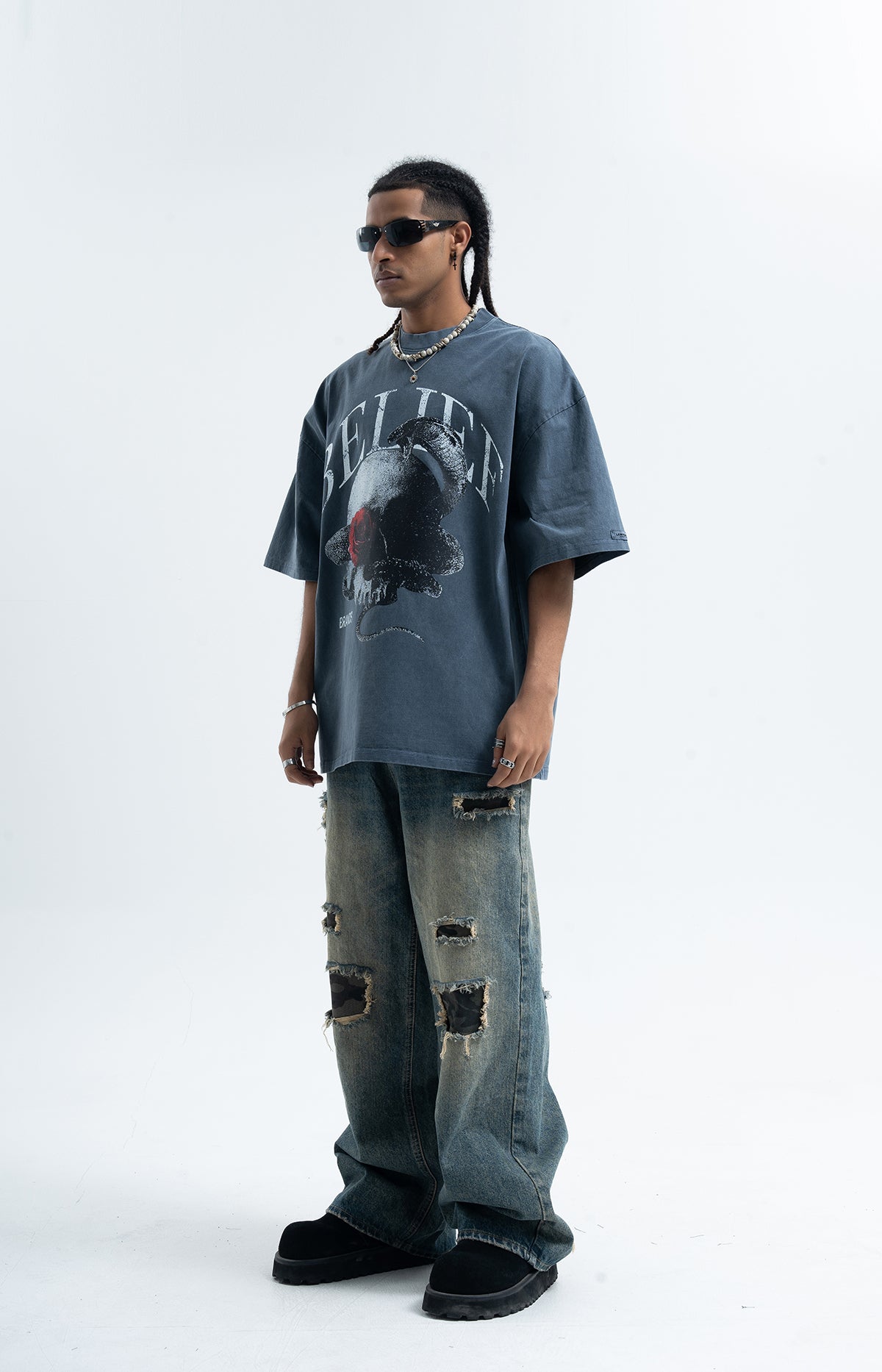 Snake print t-shirt skeleton bones top gothic tee in blue