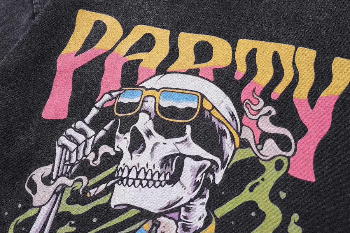 Party slogan t-shirt skeleton cartoon tee retro hawaii top in vintage grey