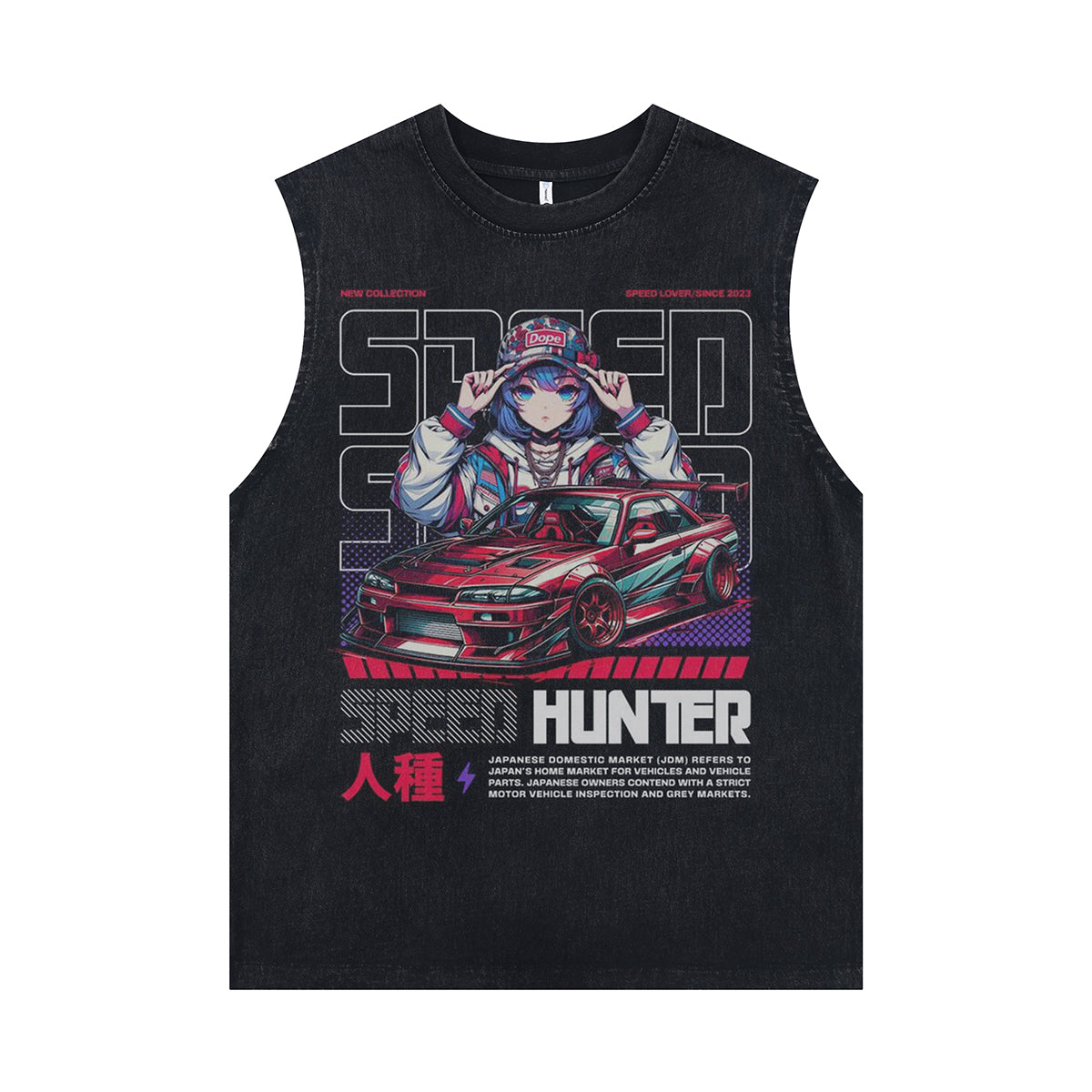 Anime print sleeveless t-shirt retro Japanese car surfer vest 90s racing tank top in acid wash black