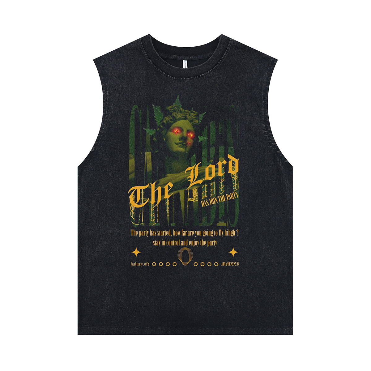 Lord slogan sleeveless t-shirt gothic saint print vest statue cartoon grunge tank top in acid wash black