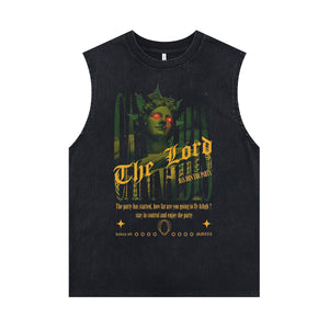 Lord slogan sleeveless t-shirt gothic saint print vest statue cartoon grunge tank top in acid wash black