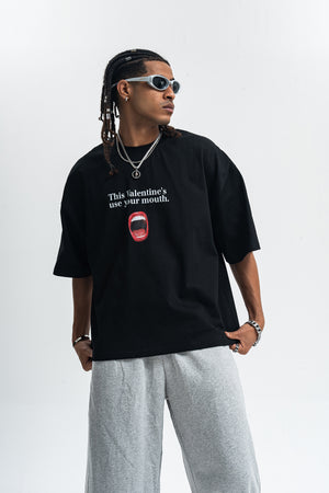 Valentines day t-shirt mouth print top y2k lovers tee in black