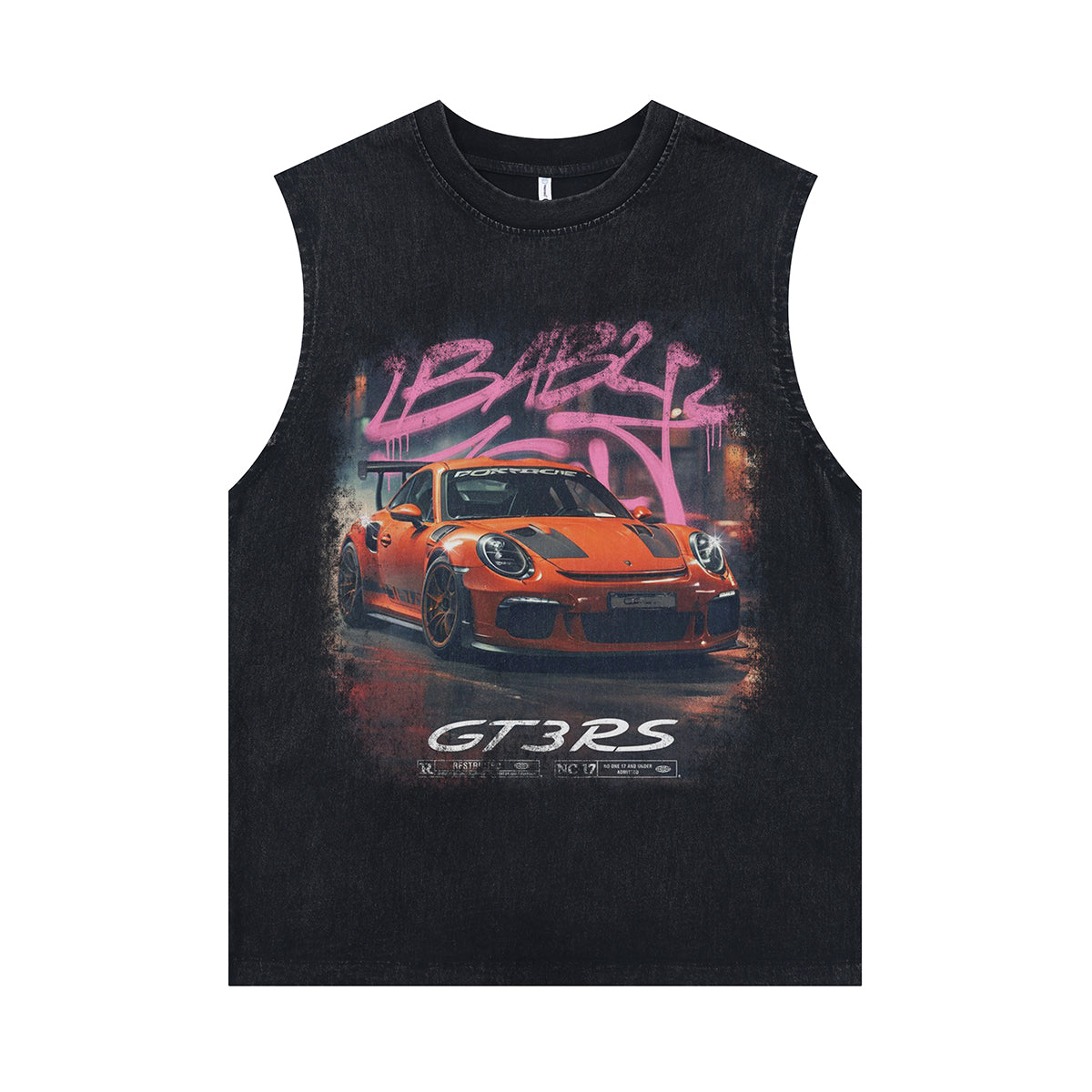 Racing car sleeveless t-shirt retro motorsports surfer vest sports print tank top in acid wash black