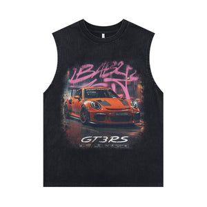 Racing car sleeveless t-shirt retro motorsports surfer vest sports print tank top in acid wash black