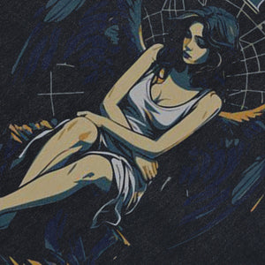 Angel print vintage sleeveless t-shirt solitude slogan surfer vest retro angel tank top in acid wash black