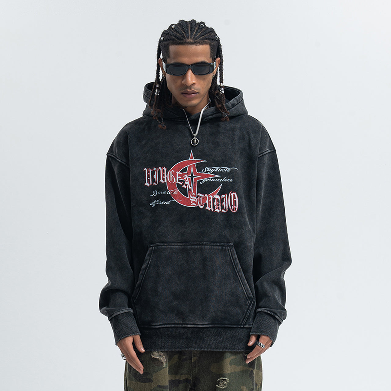 Anti war hoodie retro piece pullover grunge vintage wash jumper in acid grey