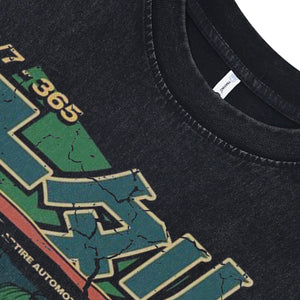 Car print sleeveless t-shirt retro Japanese surfer vest 80s anime tank top in acid wash black