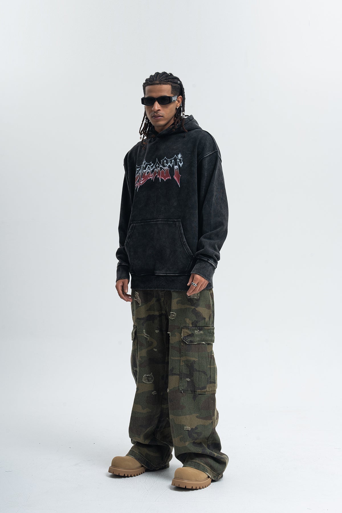 Beast slogan hoodie vintage wash pullover retro hip-hop jumper in acid grey