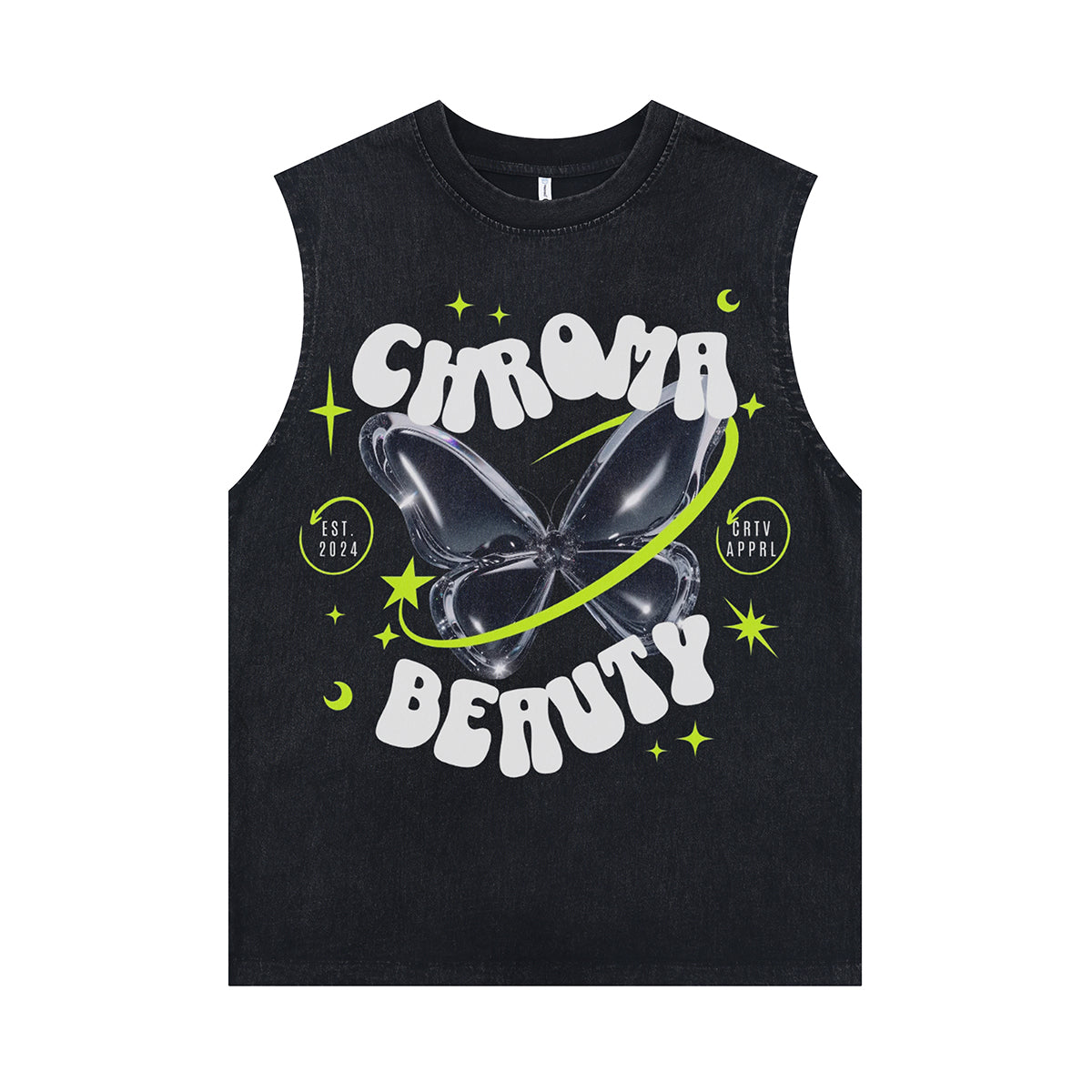 Butterfly print sleeveless t-shirt psychedelic poster surfer vest futuristic tank top in acid wash black