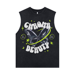 Butterfly print sleeveless t-shirt psychedelic poster surfer vest futuristic tank top in acid wash black