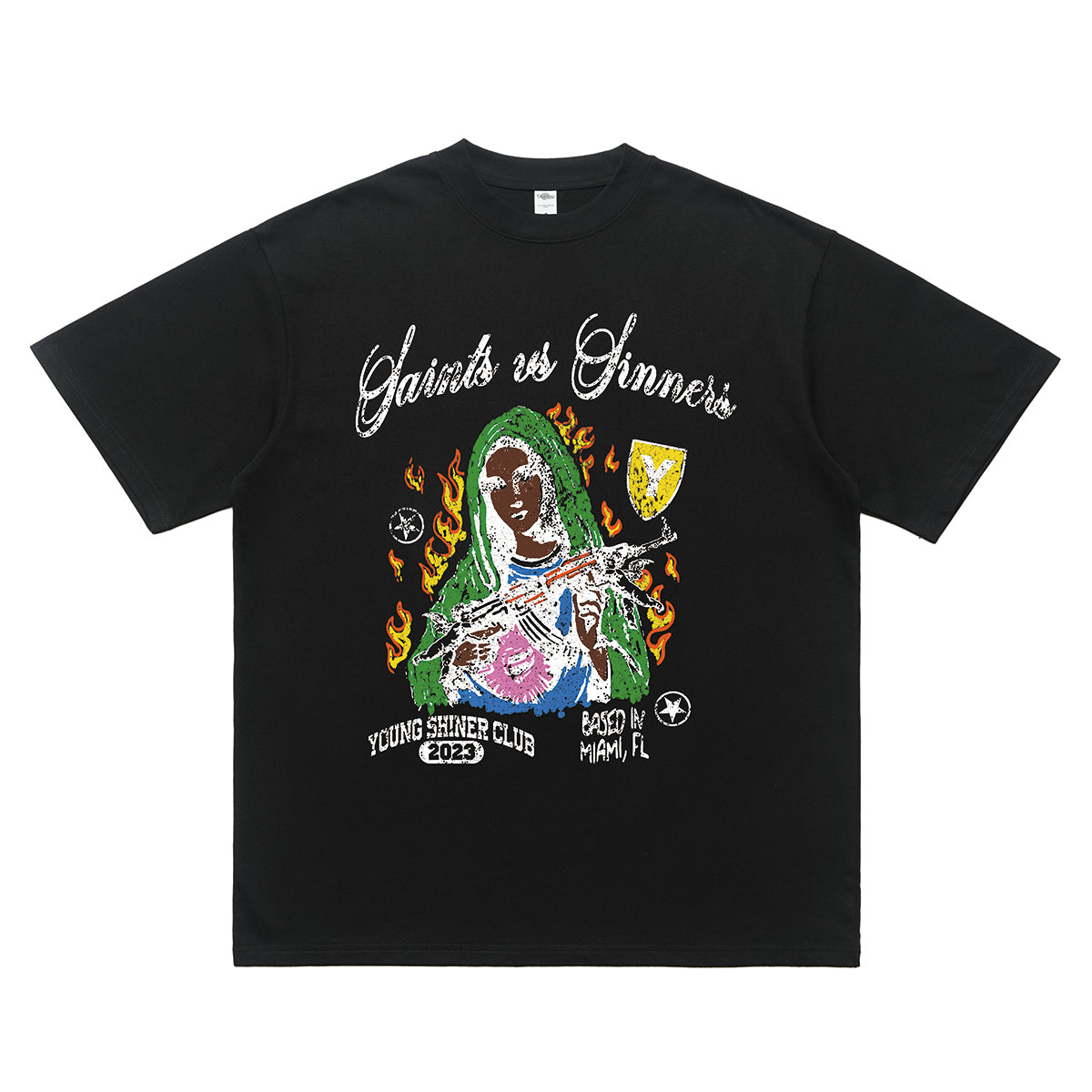 Virgin Mary t-shirt Saint print tee 00s graffiti top in black
