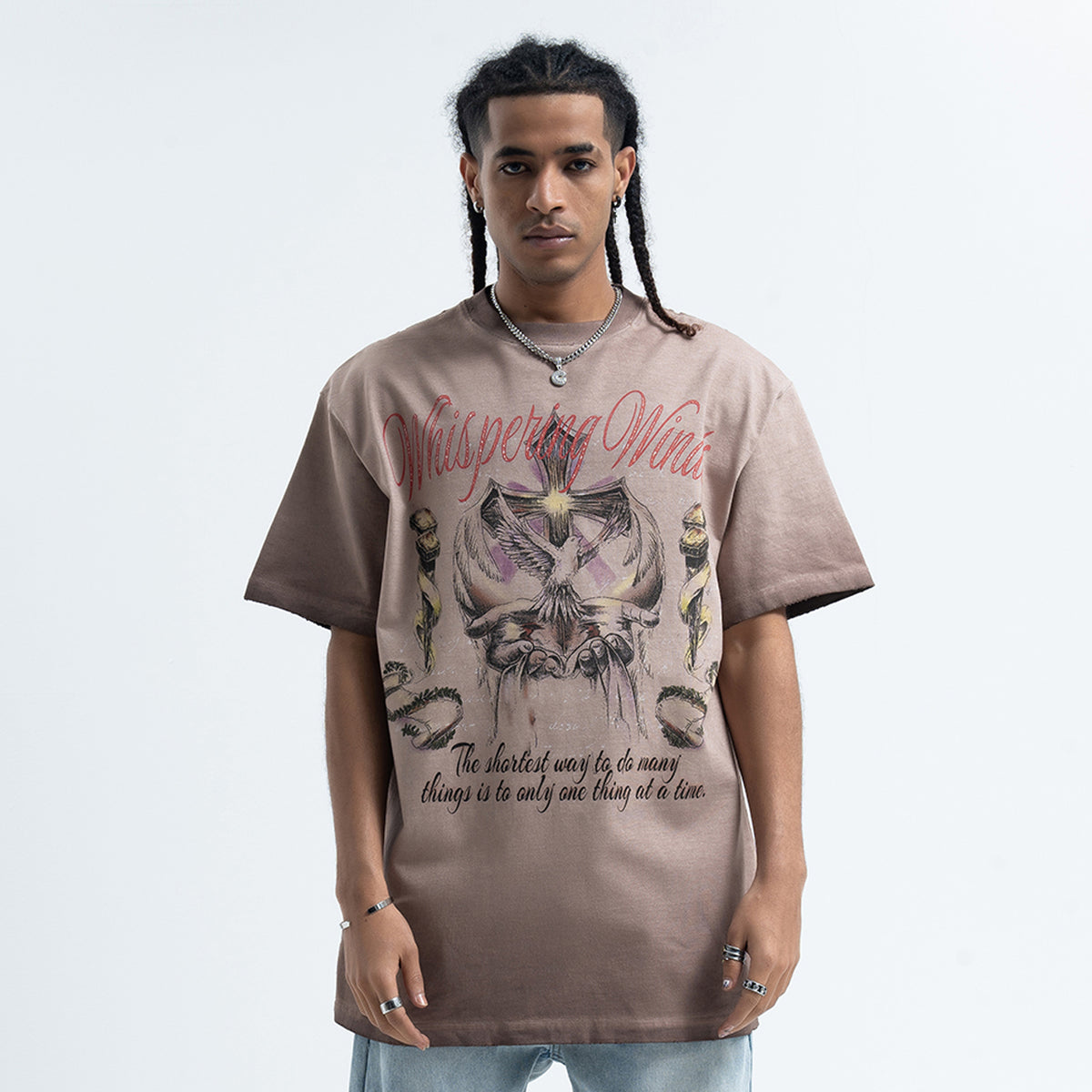 Psychedelic t-shirt white dove top retro religion tee in cream