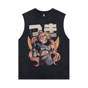 Anime girl sleeveless t-shirt vintage Japanese vest retro Manga tank top in acid wash black