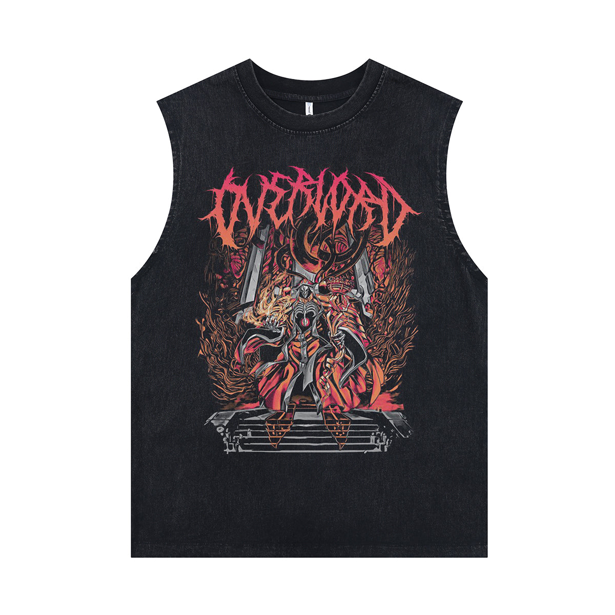 Anime print vintage sleeveless t-shirt monster cartoon surfer vest retro metalcore tank top in acid wash black