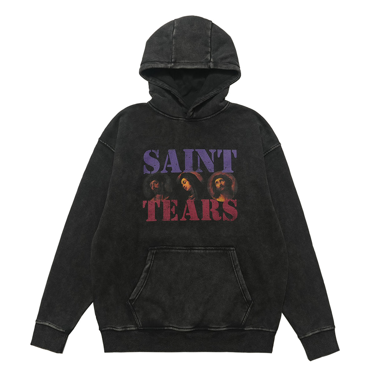 Saint print hoodie vintage wash religion jumper grunge retro pullover in acid grey
