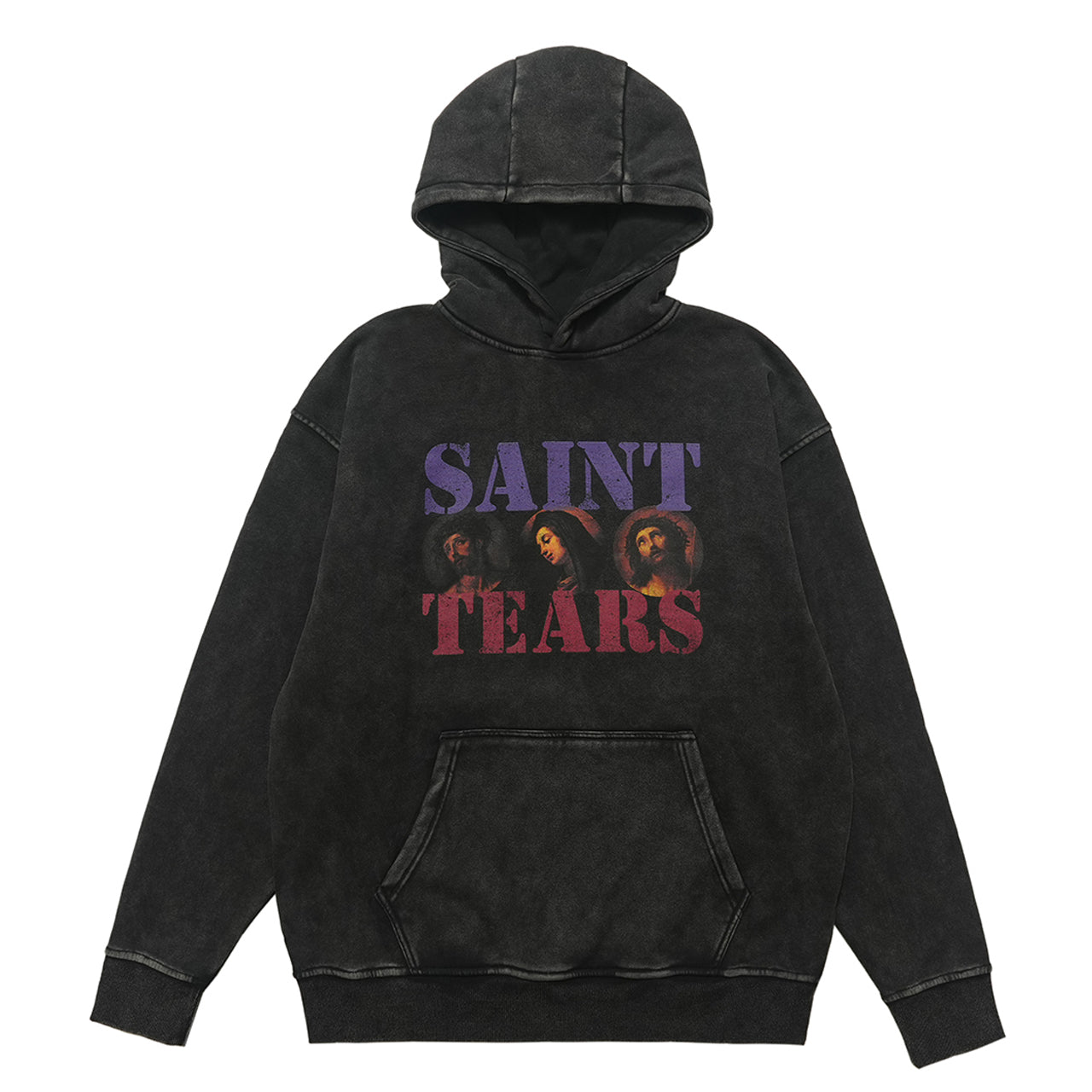 Saint print hoodie vintage wash religion jumper grunge retro pullover in acid grey