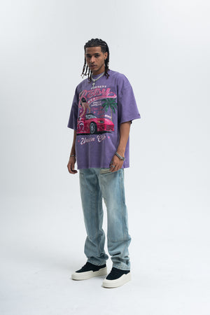 Retro car t-shirt racing top unicorn slogan tee in Purple