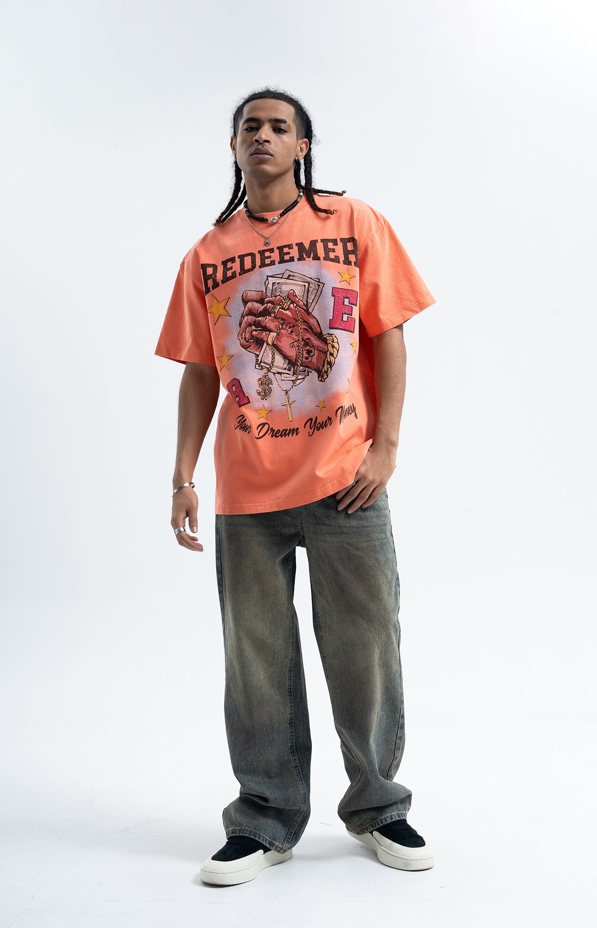 Money slogan t-shirt praying hands top cross print tee in red