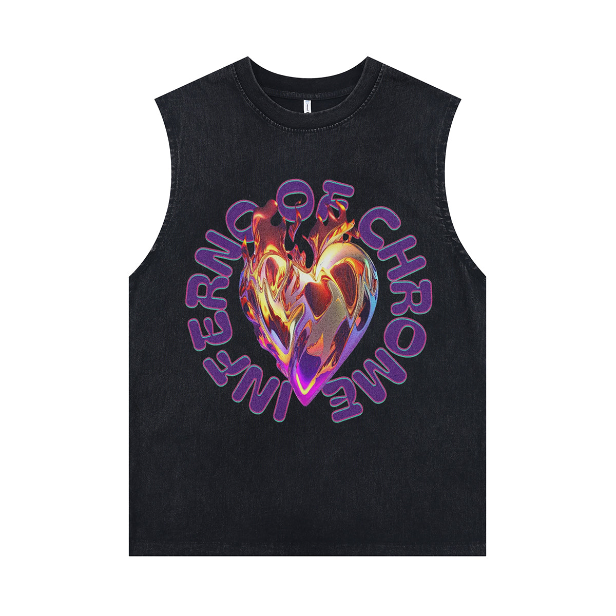 Cyberpunk sleeveless t-shirt retro chrome slogan surfer vest heart print tank top in acid wash black