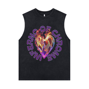 Cyberpunk sleeveless t-shirt retro chrome slogan surfer vest heart print tank top in acid wash black