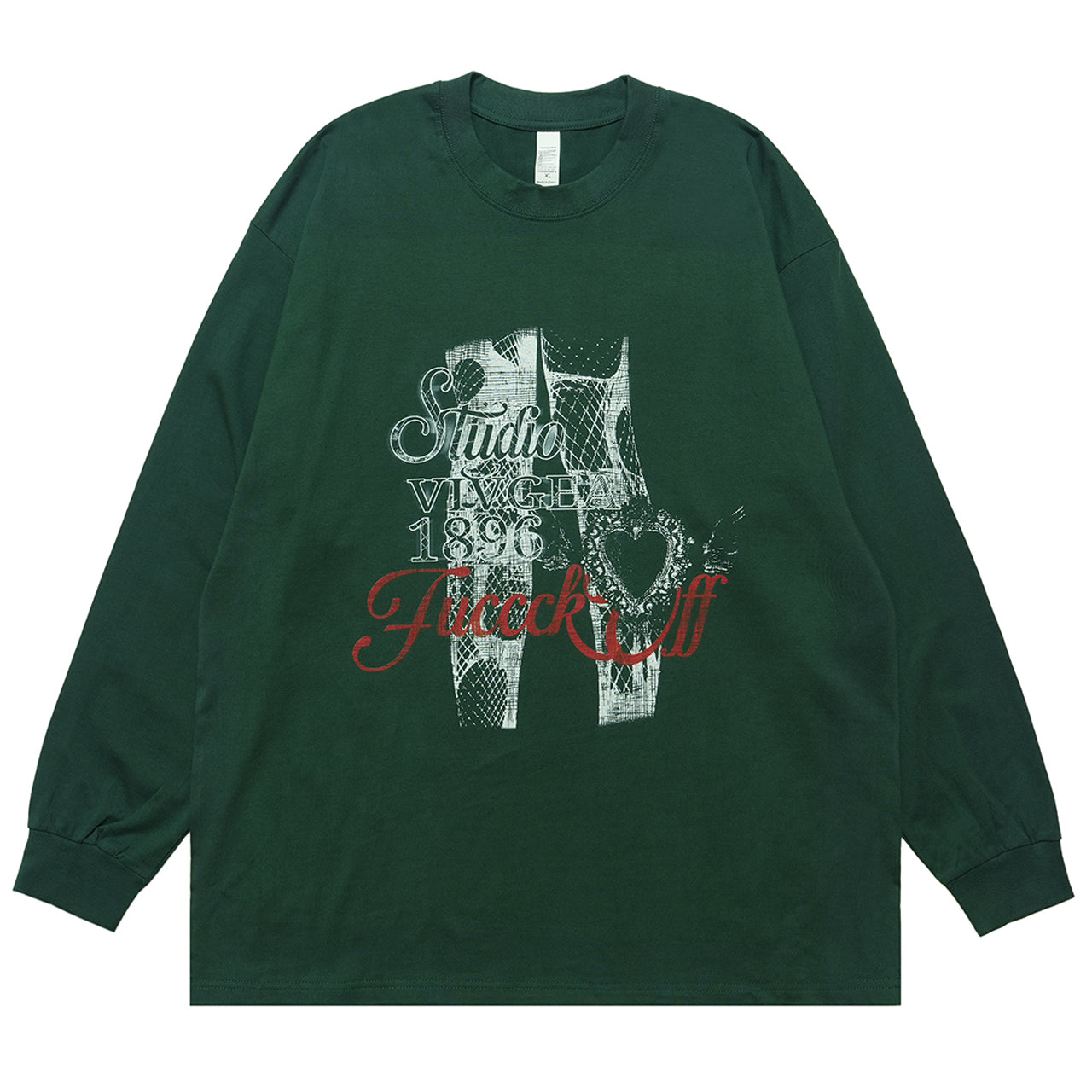 Fuck off slogan jumper pinup girl print top long sleeve retro grunge t-shirt in green