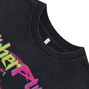 Cyberpunk slogan sleeveless t-shirt robot girl print surfer vest futuristic tank top in acid wash black