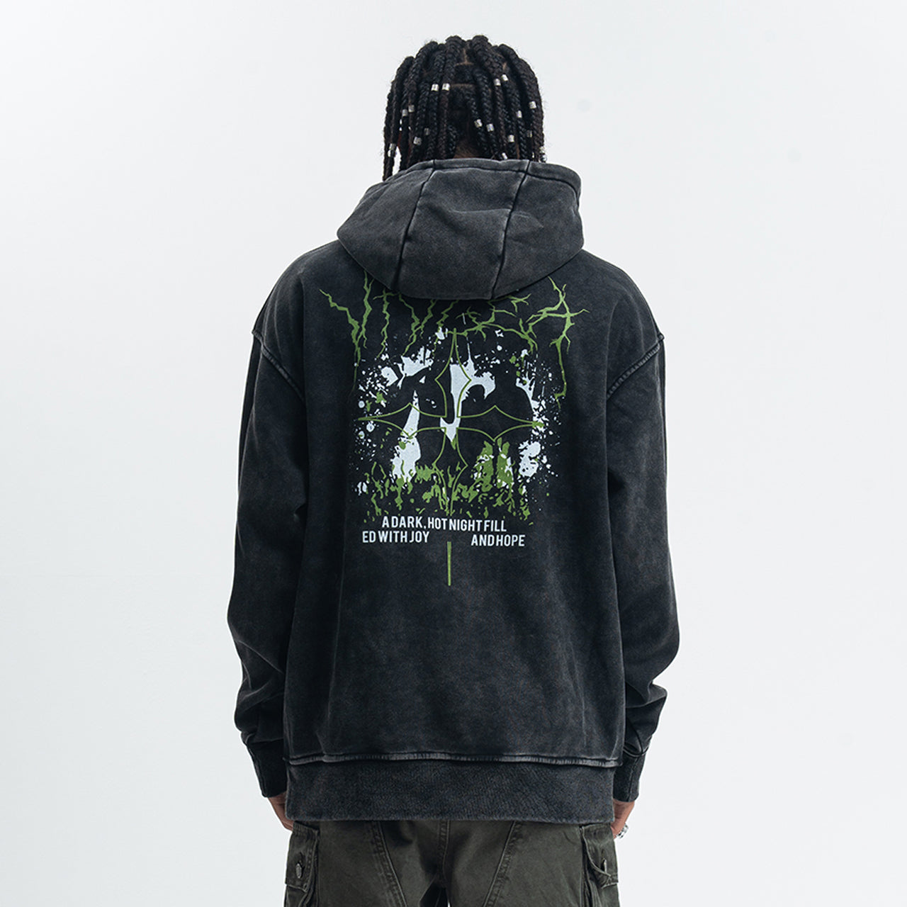 Thunder print hoodie cyberpunk pullover city slogan jumper in acid vintage grey