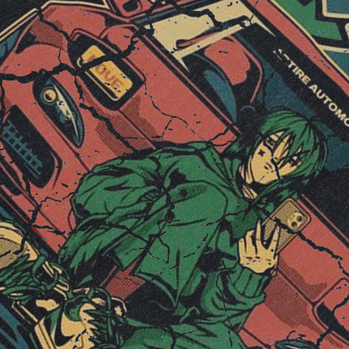 Car print sleeveless t-shirt retro Japanese surfer vest 80s anime tank top in acid wash black