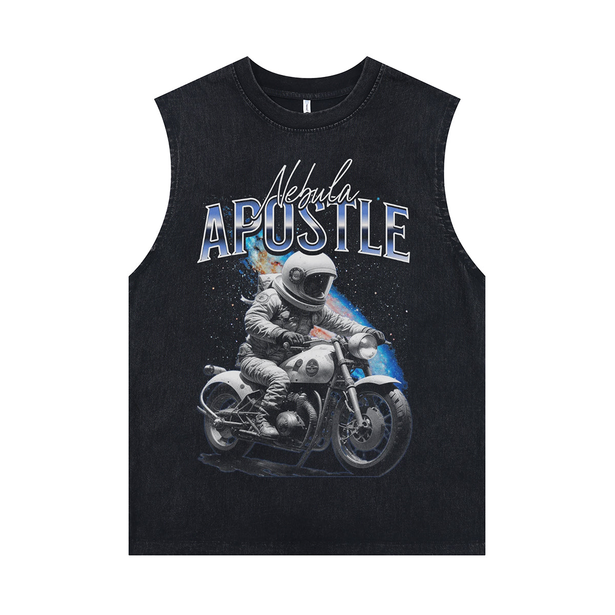 Apostle slogan sleeveless t-shirt spaceman print surfer vest astronaut tank top in acid wash black
