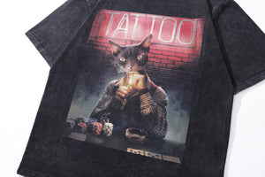 Tattoo t-shirt cat print tee retro poster top in vintage grey