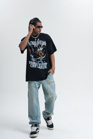 Party slogan t-shirt retro cartoon top 90s tee in black