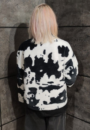 Cow fleece jacket in white animal print fluffy spot bomber