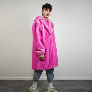 Pink fur coat neon long trench fluorescent psychedelic overcoat heavy rave bomber festival geometric jacket custom going out bright peacoat