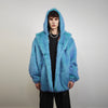 Neon blue fur coat luxury trench fluorescent psychedelic overcoat shaggy rave bomber festival luminous party jacket custom catwalk peacoat