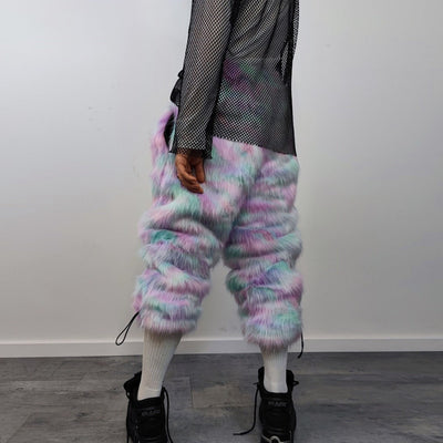 Marshmallow faux fur joggers pastel raver pants fluffy rainbow trousers ski fleece tie-dye overalls festival bottoms burning man pants pink