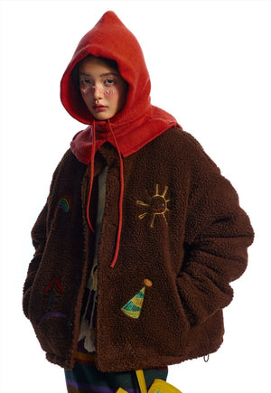 Patchwork fleece jacket brown teddy bomber fuzzy winter coat