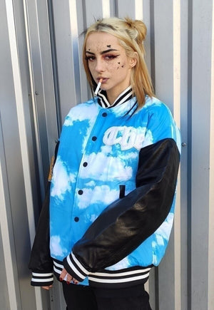 Clouds varsity bomber sky faux leather sleeves jacket blue