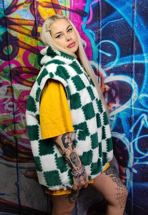 Check fleece hood jacket handmade fluffy chess bomber green