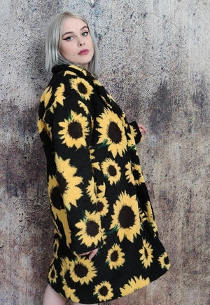 Daisy fleece jacket sunflower floral trench retro coat black