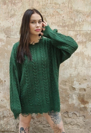 Cable knit sweater distressed top ripped jumper in green