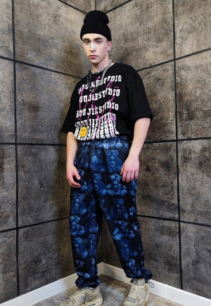 Teddy bear print joggers handmade Gothic overalls in blue