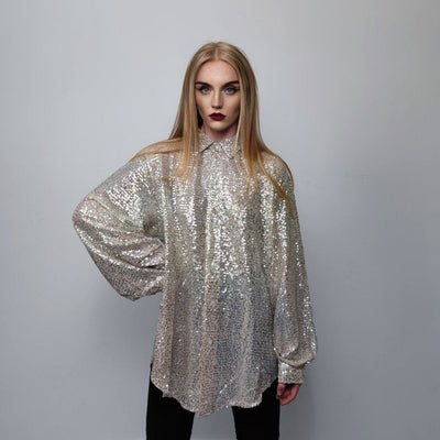 Sequin shirt glitter blouse shiny jumper long sleeve textured top embellished sweat party top button up retro festival top metallic silver