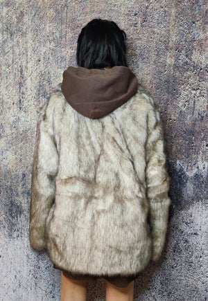 Faux fur coat fluffy trench jacket long hair bomber in cream