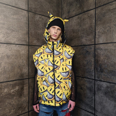 Emoji bomber handmade detachable smile print puffer reversible raver jacket grunge devil horn coat two sided jacket in yellow