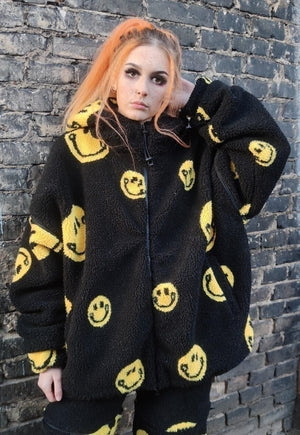 Emoji fleece jacket handmade 2 in 1 retro smile coat black