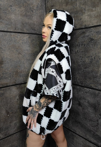 Checkerboard fleece jacket detachable check jacket in white