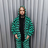 Festival stripe fleece jacket handmade detachable fluffy rave bomber zigzag print faux fur premium geometric top party zebra coat in green