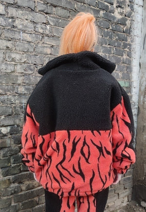 Grunge fleece bomber handmade Gothic zebra jacket in orange